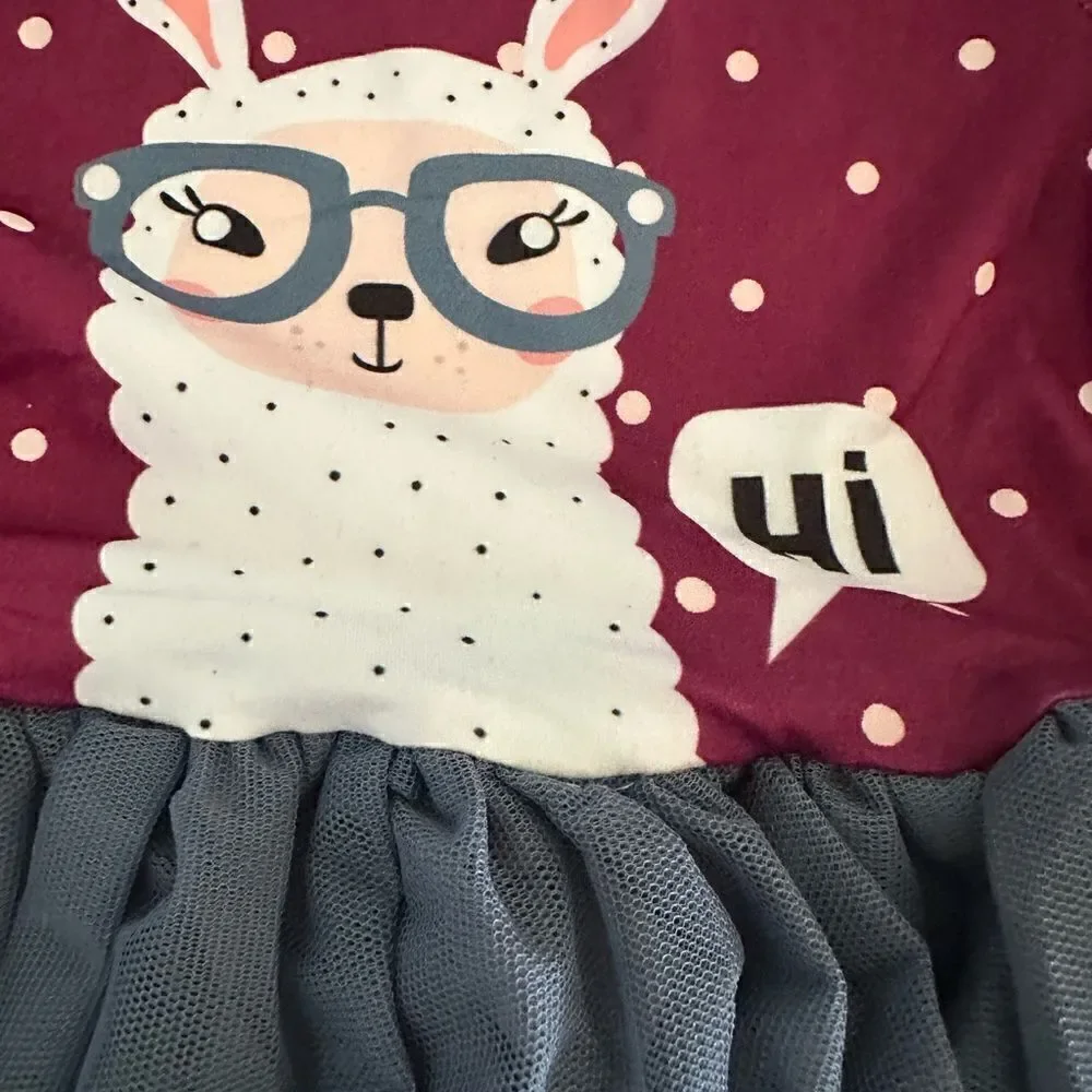 NWT Girls Maroon Llama Romper with Gray Lined Tulle Tutu & Polka Dots